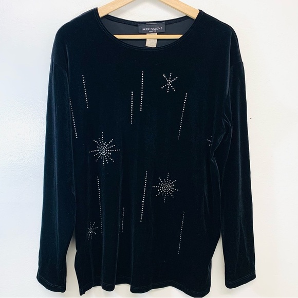 Impresions Black Velvet Top Woman Medium  Sparkle Pull Over  Stretch Classic‎ - Picture 1 of 10